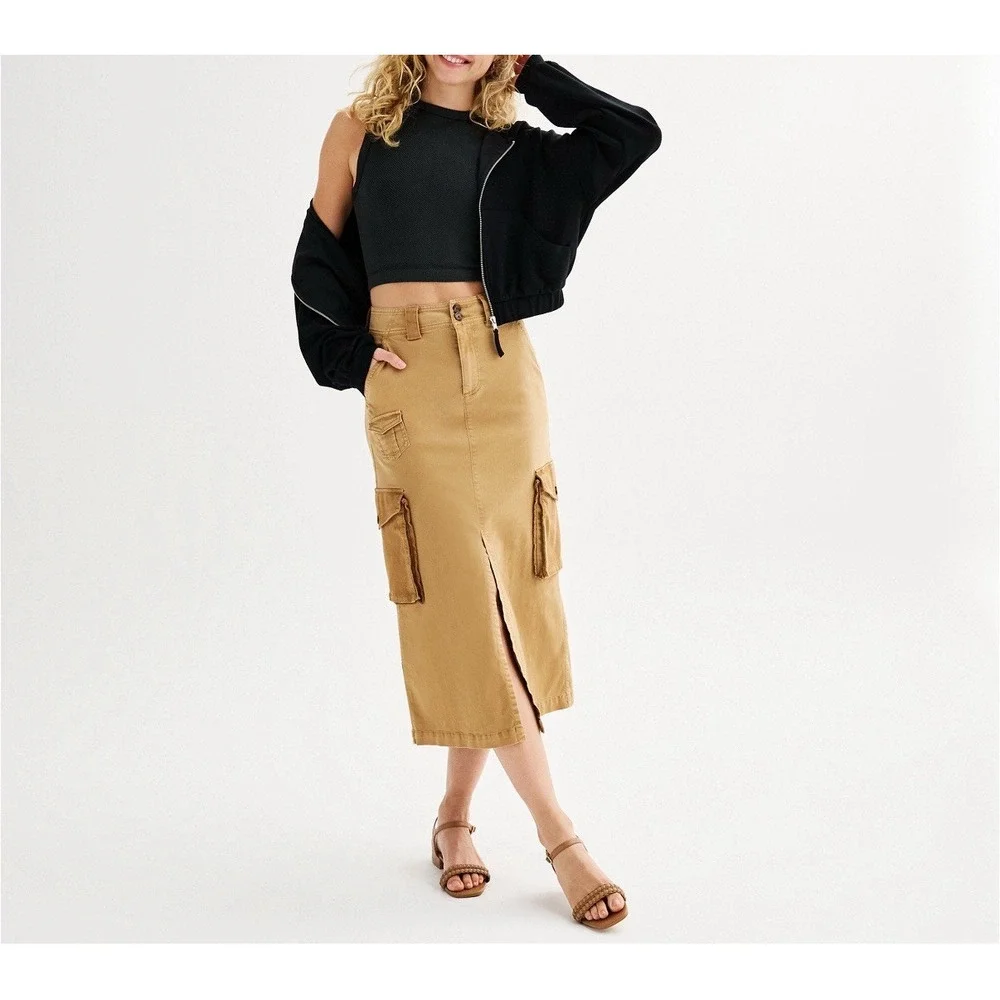 NEW SO Juniors Size XS Brown Tan Cargo Straight Madi Skirt Pockets Cotton NWT - Picture 4 of 11